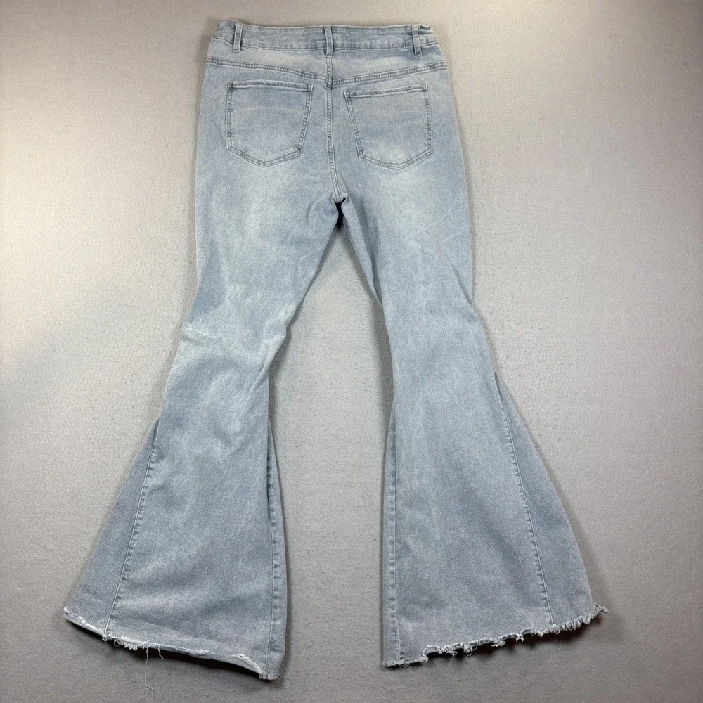 Denim Super Flare High Rise Jeans Womens‎ 13 Blue Distressed Light Wash Raw Hem
